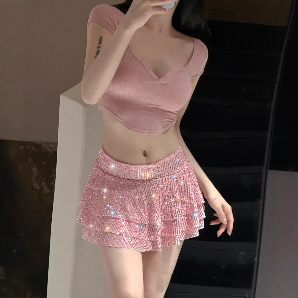 ミニスカート キラキラ三段フリルミニスカート
