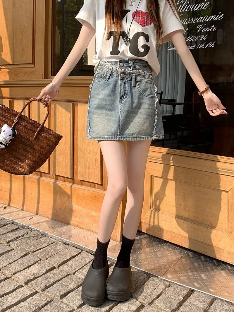 ミニスカート レース飾りデニムミニスカート