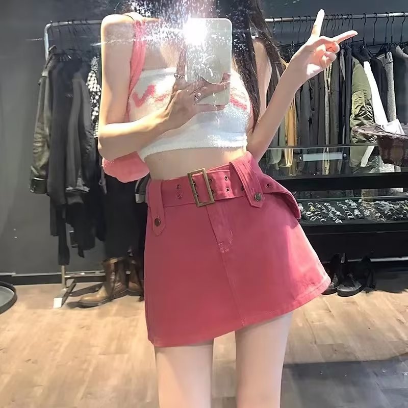 ミニスカート 太めベルト付き台形ミニスカート