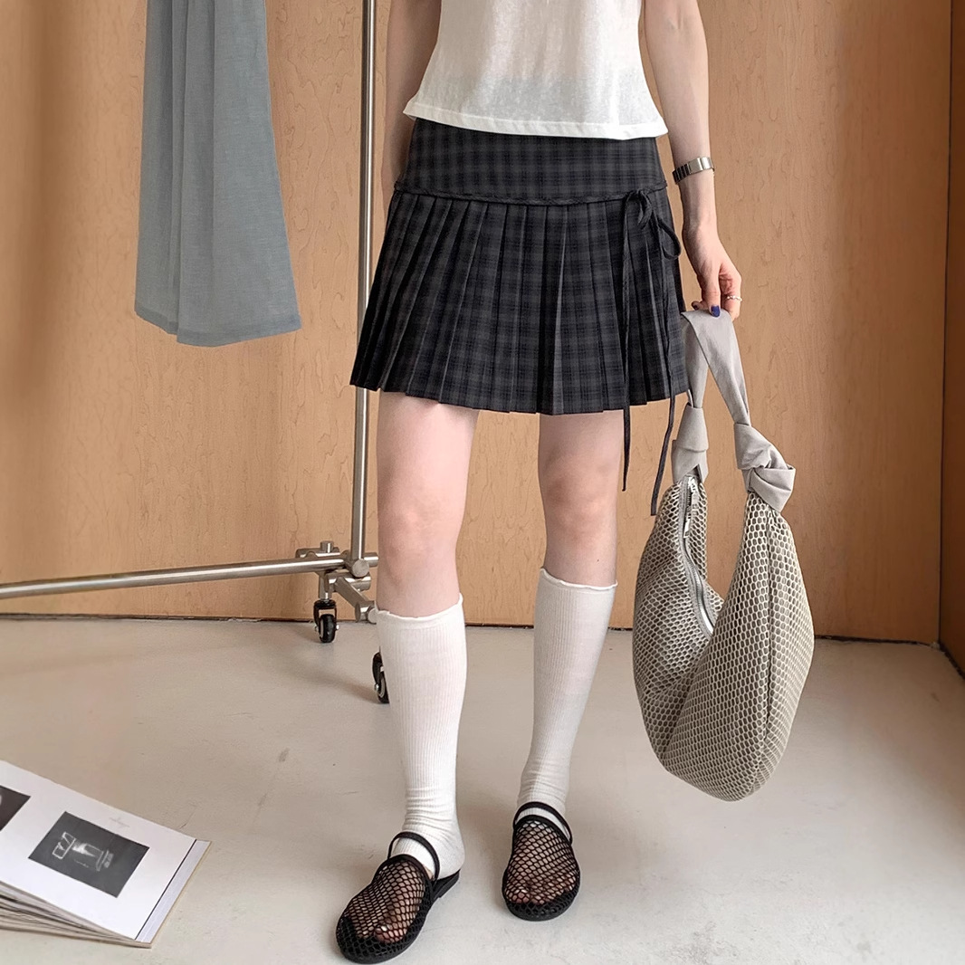 ミニスカート 格子柄リボン結びプリーツミニスカート