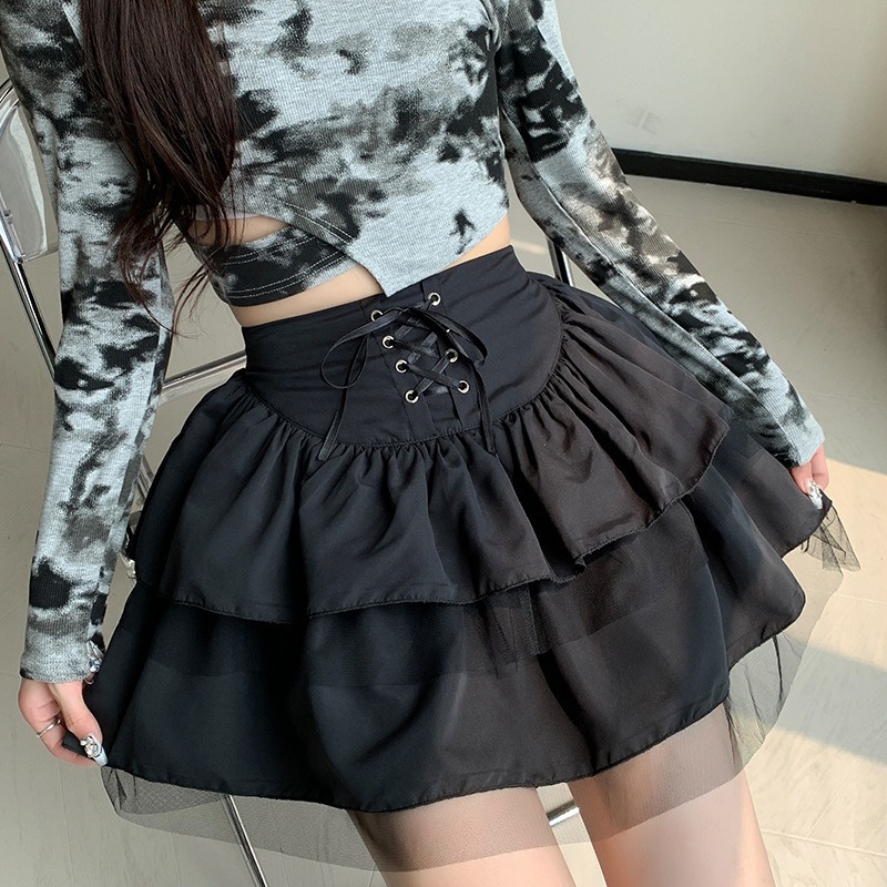 ミニスカート 編み上げ二段フリルミニスカート