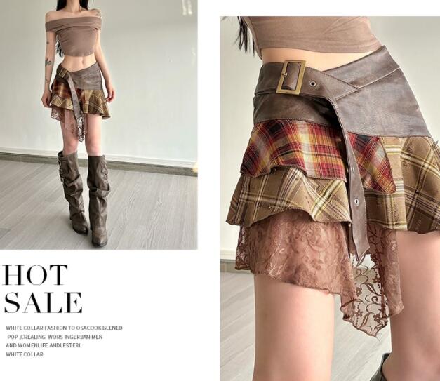 チェック柄アシンメトリーレースミニスカート