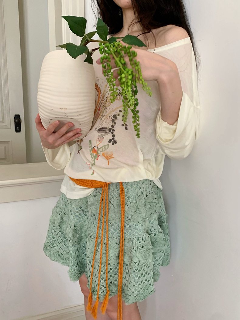 ミニスカート 花レース編みチュールミニスカート