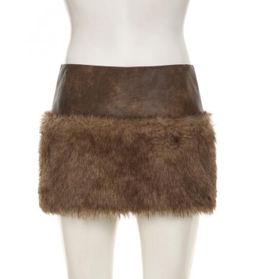 春新作 人造革ファー切替タイトミニスカート