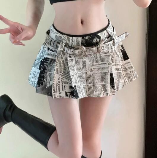 新聞柄フリルミニスカート ハイウエスト