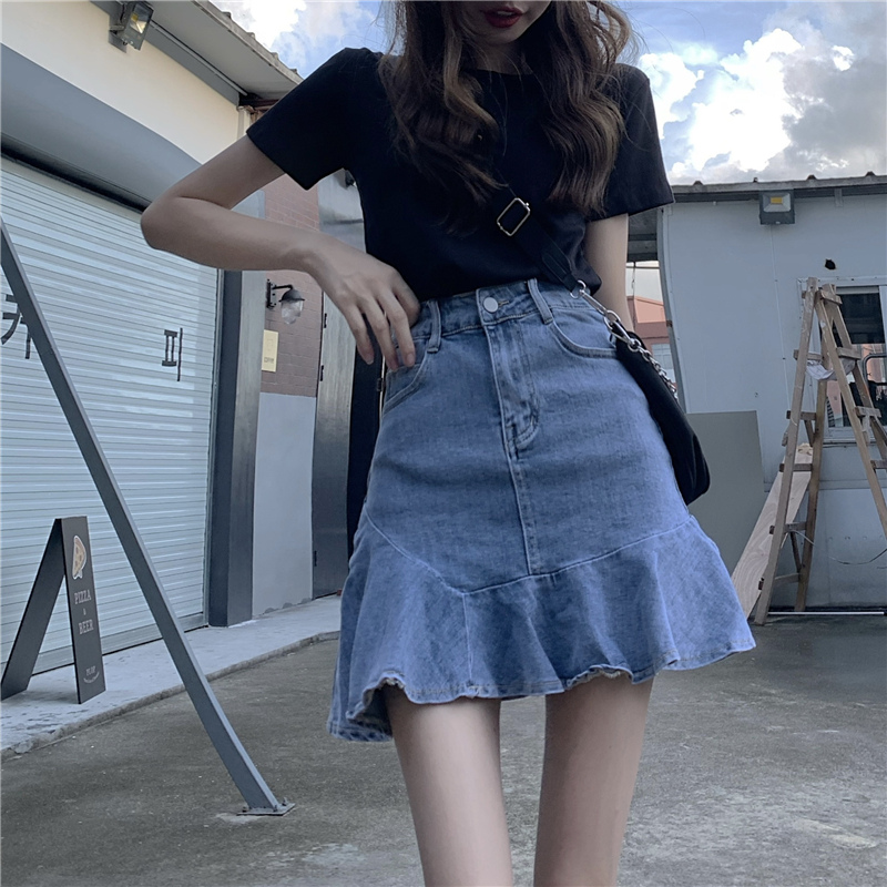 個性的デニムペプラムハイウエストミニスカート