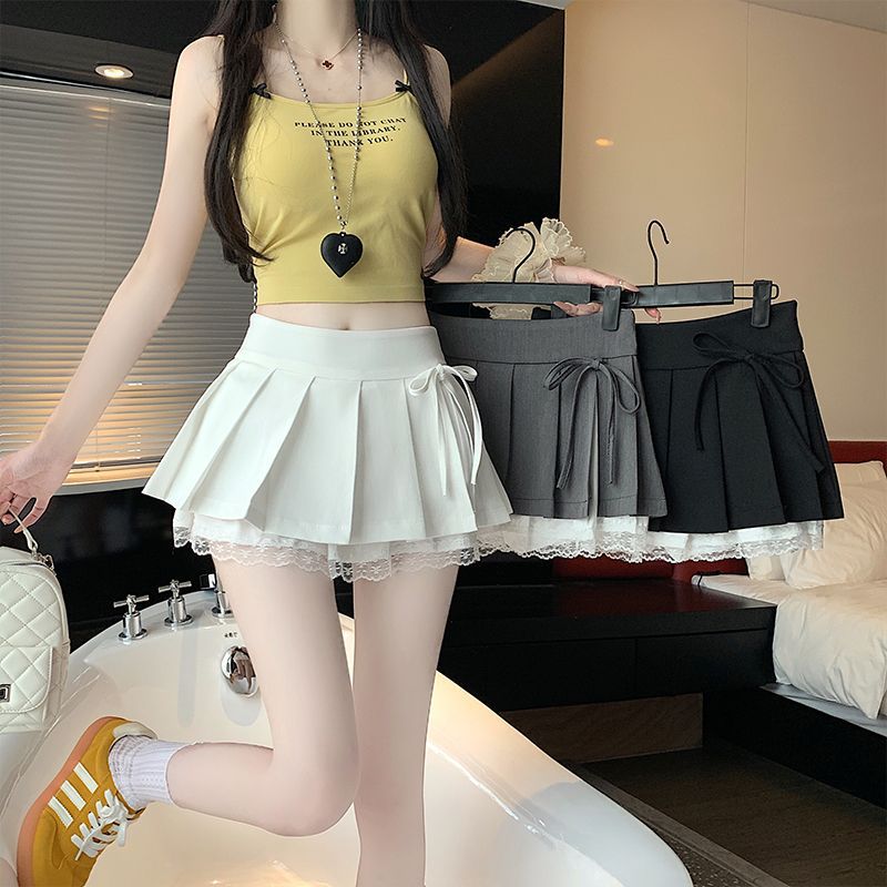 ミニスカート レース裾飾りリボンプリーツスカート