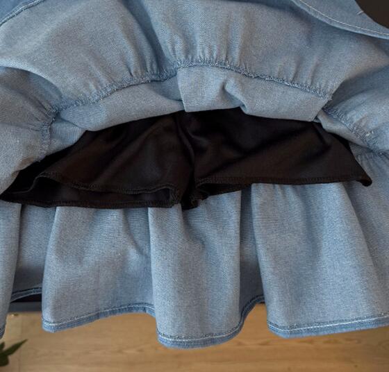 ミニスカートデニム風ティアード白リボン付きミニスカート