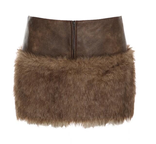 春新作 人造革ファー切替タイトミニスカート