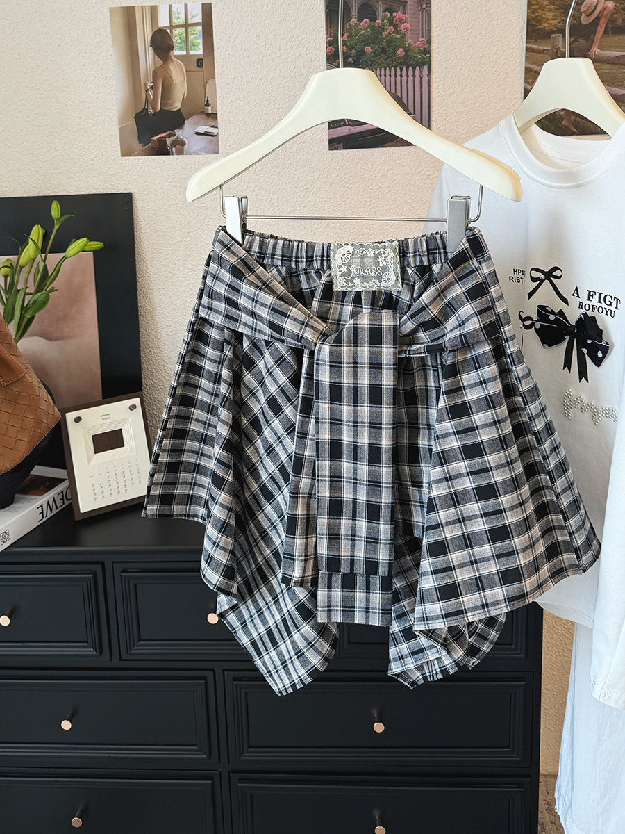 チェック柄ミニスカート夏レディース腰リボン付き
