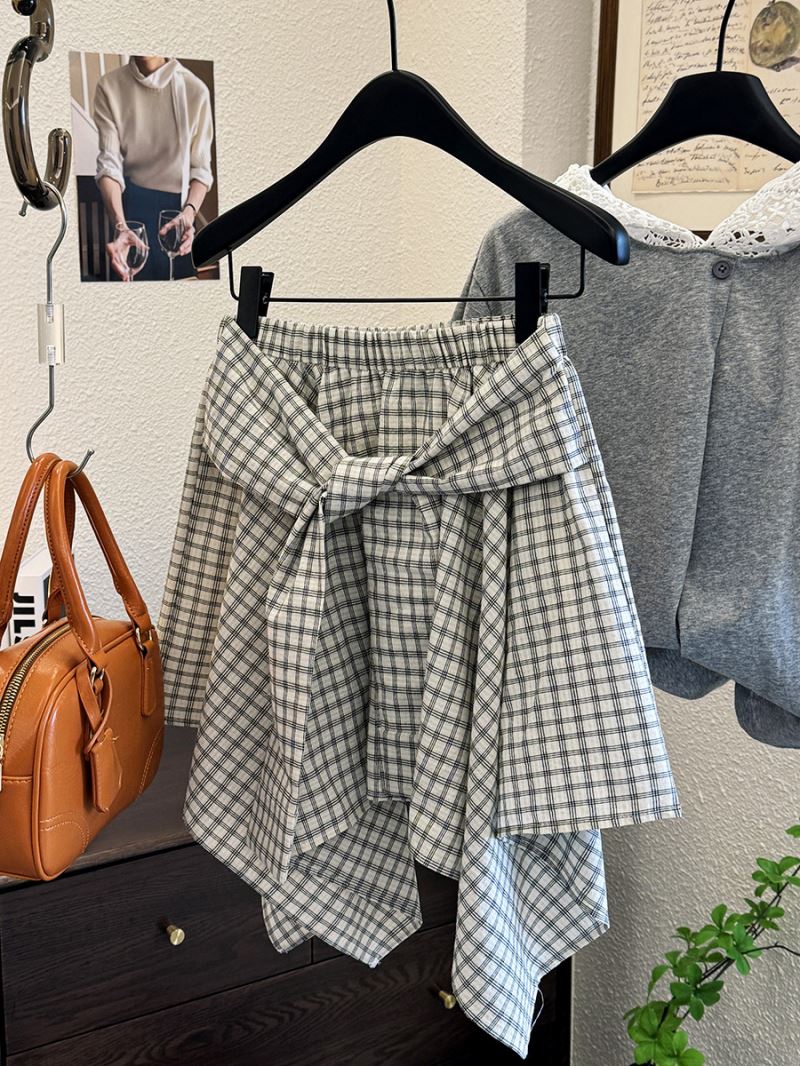 チェック柄ミニスカート リボン付き 夏レディース 2色展開