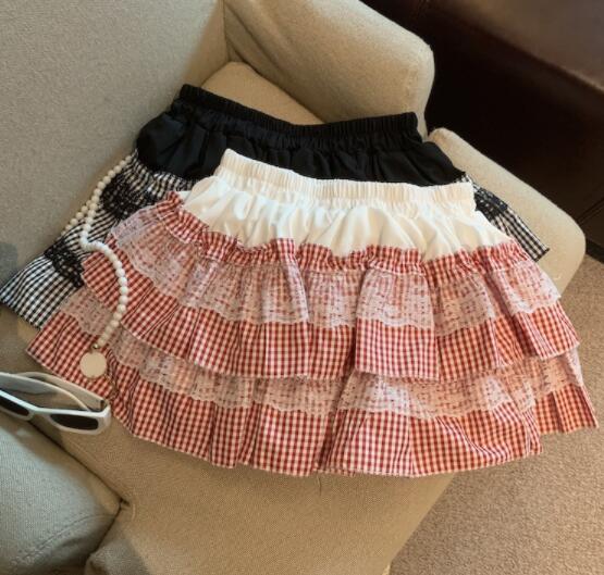 レースパッチワーク段フリルミニスカート