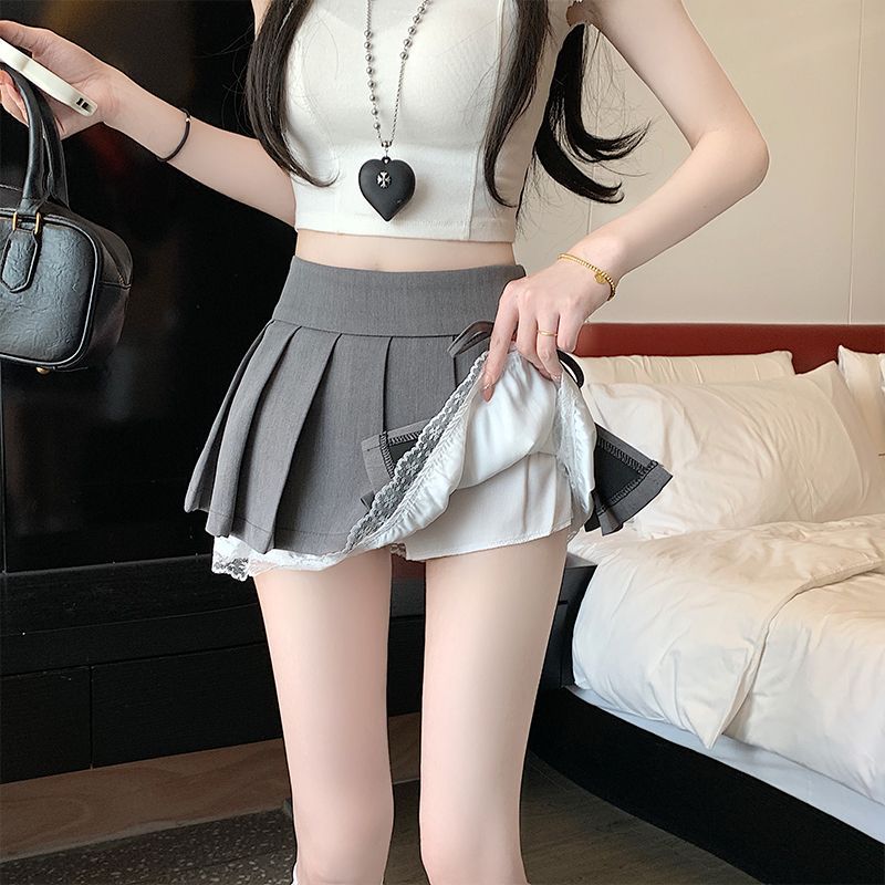 ミニスカート レース裾飾りリボンプリーツスカート