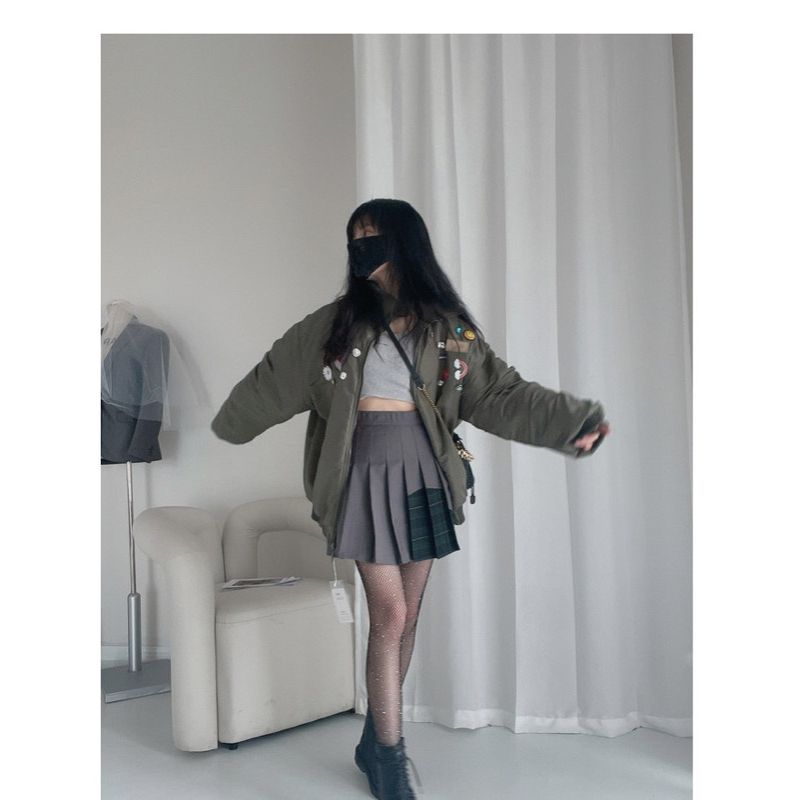 ハイウエストプリーツミニスカートチェック柄切替