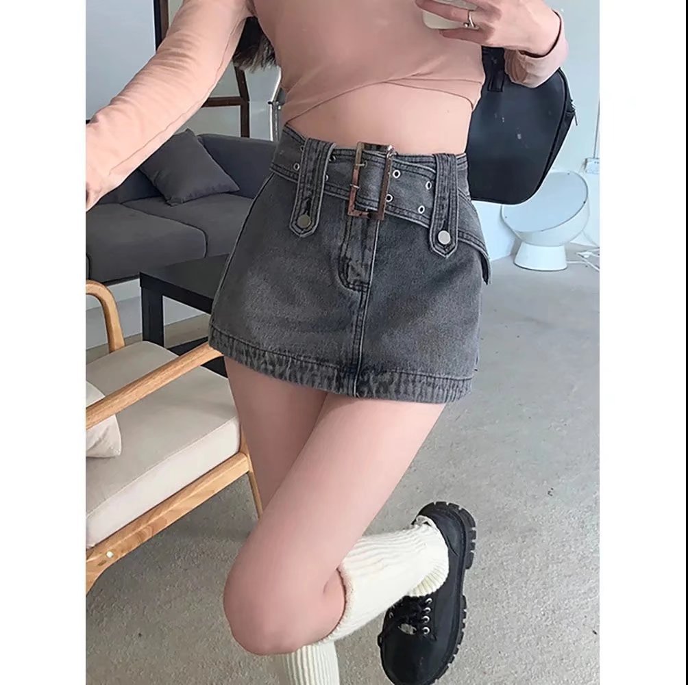 ミニスカート ベルト付きデニムミニスカート