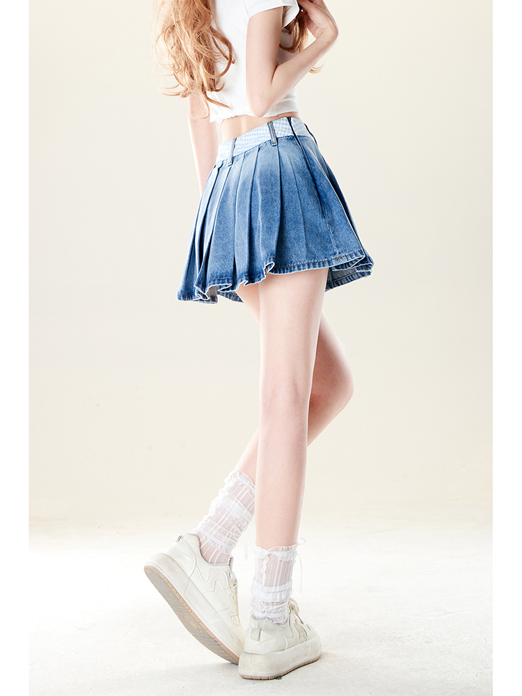 ミニスカート 格子柄リボン付きデニムプリーツミニスカート