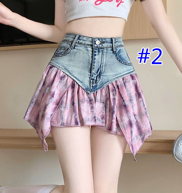 デニム切り替えフリル裾ミニスカート