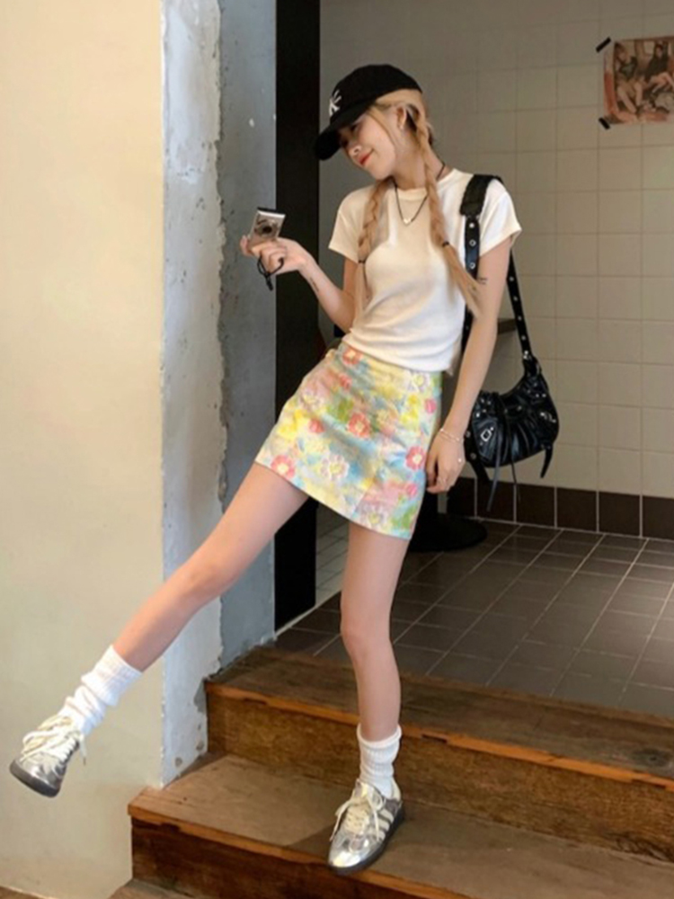 ミニスカート 花柄タイトミニスカート