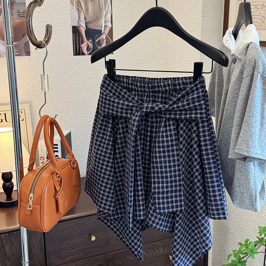 チェック柄ミニスカート リボン付き 夏レディース 2色展開