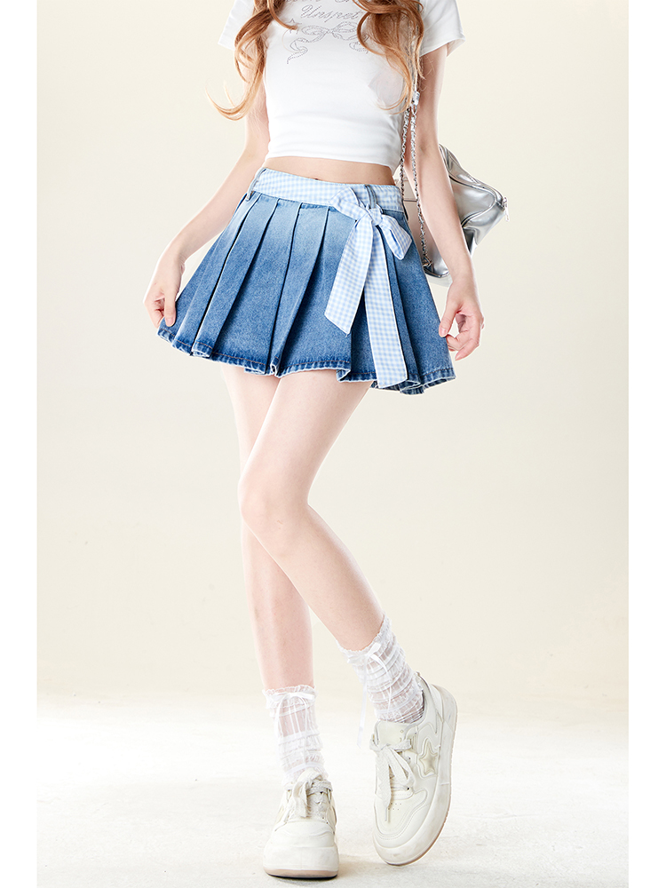 ミニスカート 格子柄リボン付きデニムプリーツミニスカート
