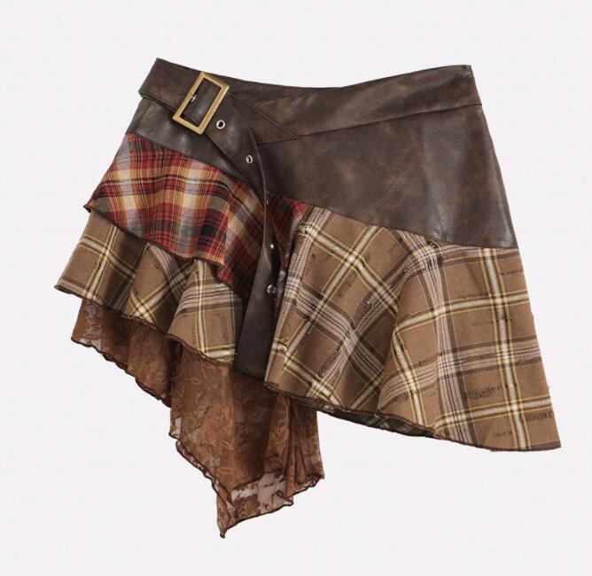 チェック柄アシンメトリーレースミニスカート