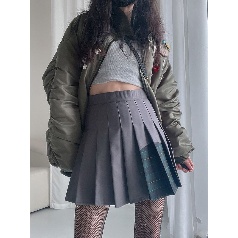 ハイウエストプリーツミニスカートチェック柄切替