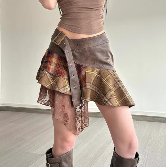 チェック柄アシンメトリーレースミニスカート