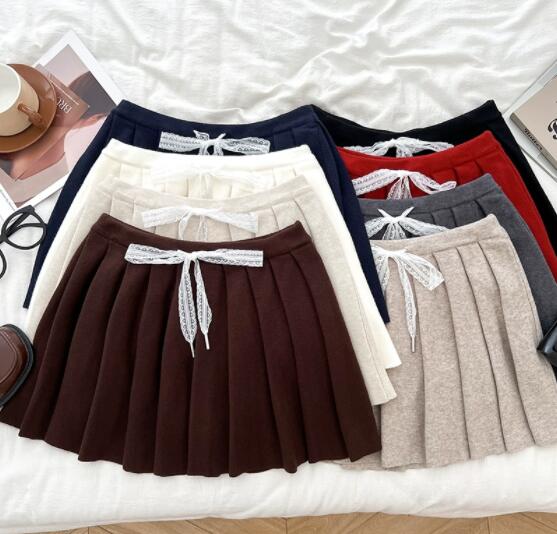  ニット素材 リボン付きプリーツミニスカート 