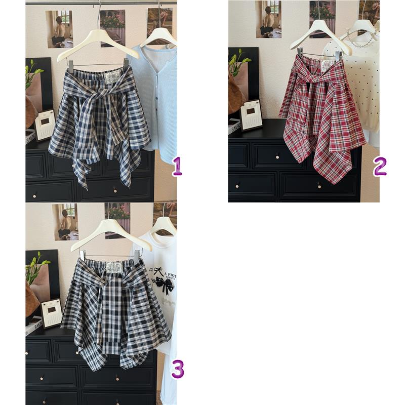 チェック柄ミニスカート夏レディース腰リボン付き