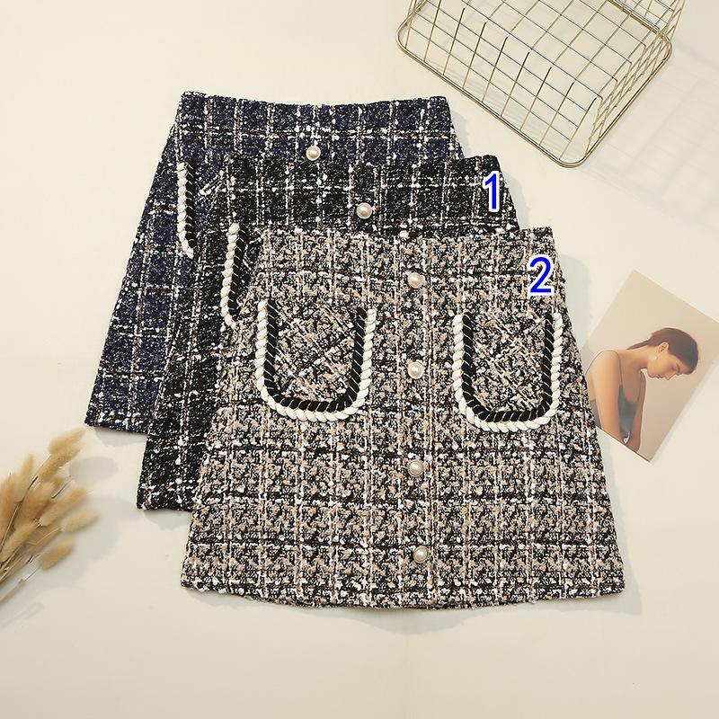 ツイード風ミニスカート パール釦付き二色展開