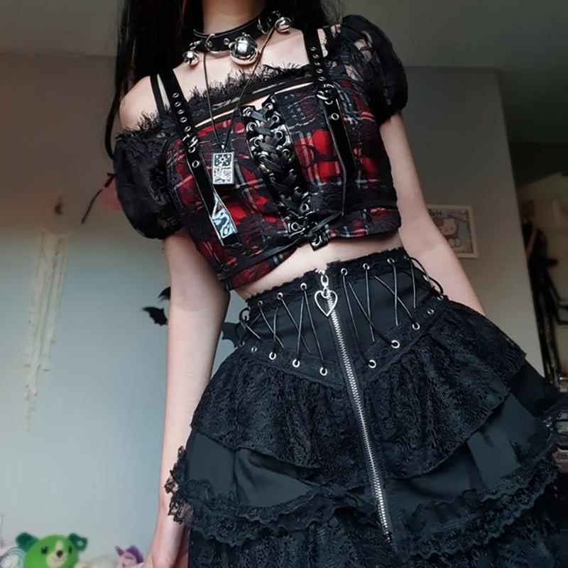 ミニスカート 編み上げレースフリルミニスカート