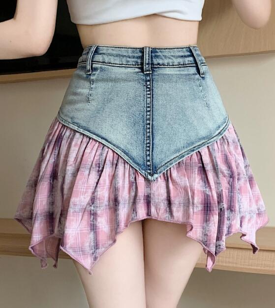 デニム切り替えフリル裾ミニスカート