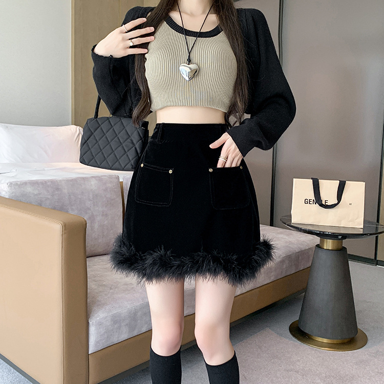 話題沸騰エー字型ファー付きミニスカート秋冬