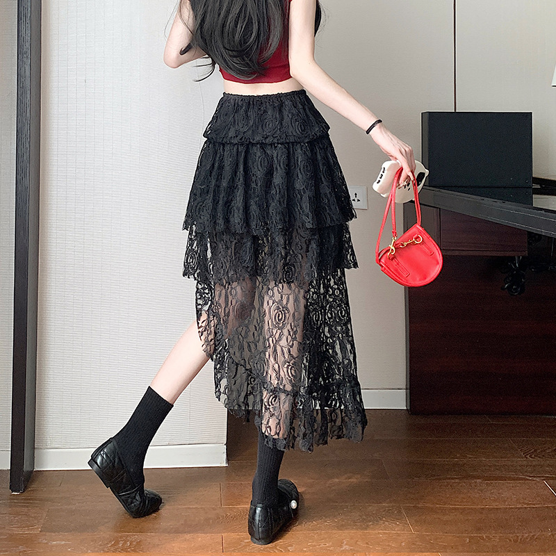 ミニスカート 花柄レース前短後長チュールスカート