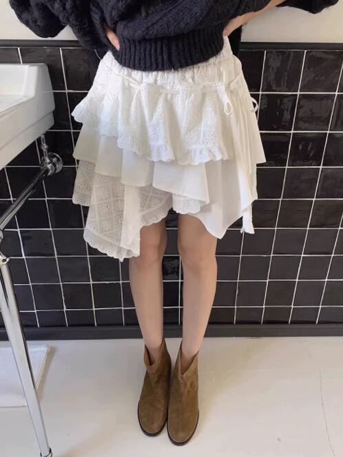 白レース重ねフリル アシンメトリー ミニスカート