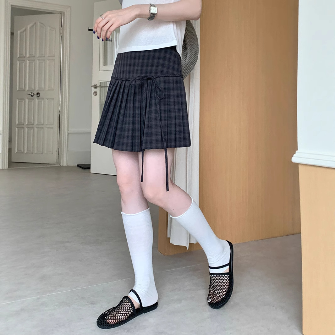 ミニスカート 格子柄リボン結びプリーツミニスカート