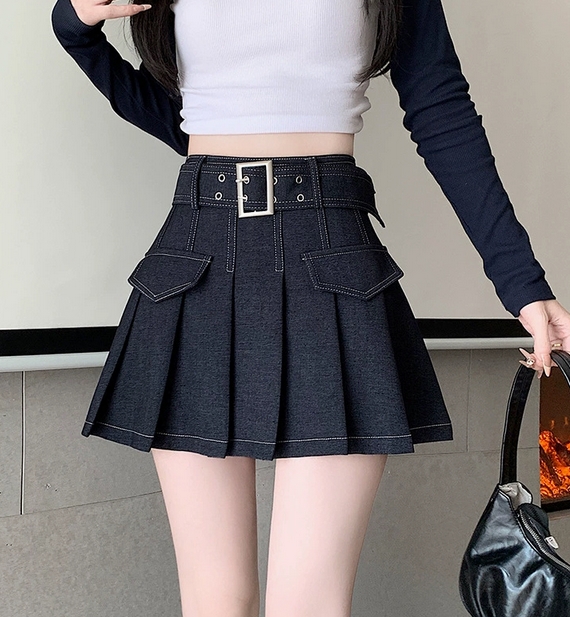 ハイウエストデニム風プリーツミニスカート