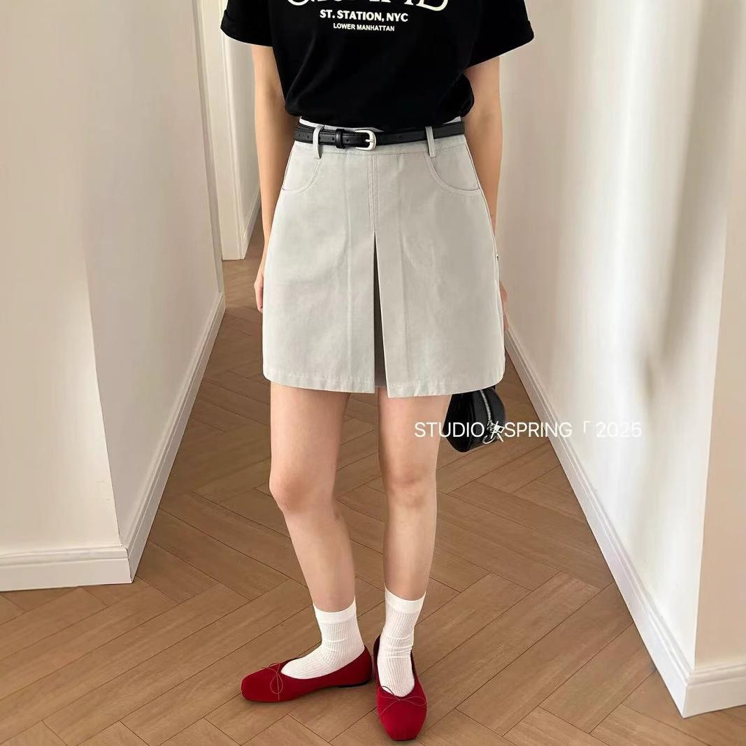 ベルト付きデニムミニスカート6色展開レディース