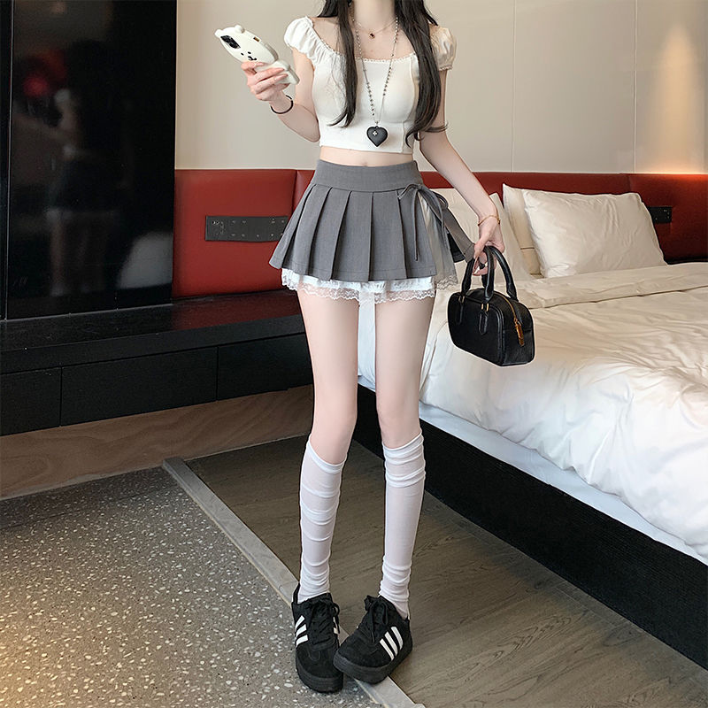 ミニスカート レース裾飾りリボンプリーツスカート