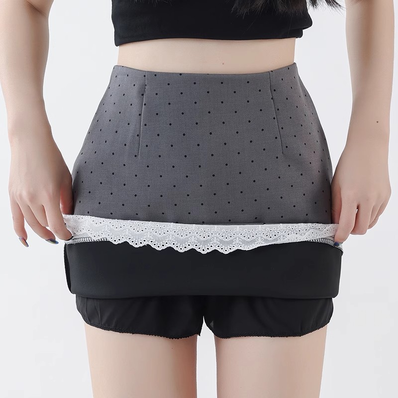 ミニスカート レース裾ドット柄ミニスカート
