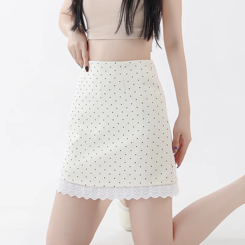 ミニスカート レース裾ドット柄ミニスカート