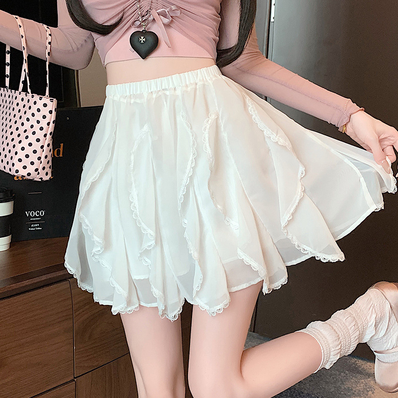 ミニスカート レース縁取りシフォンフレアミニスカート