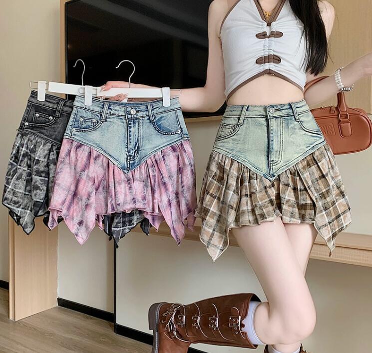 デニム切り替えフリル裾ミニスカート