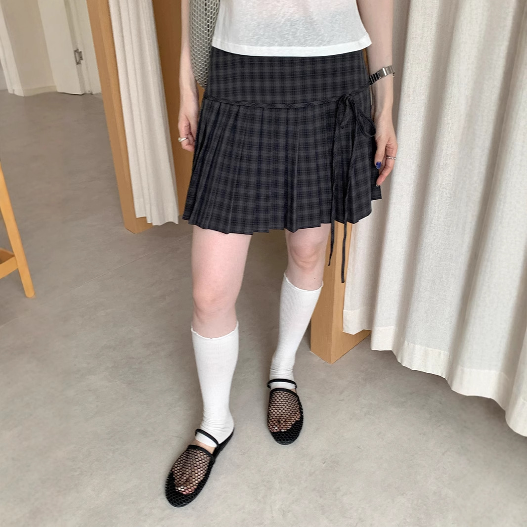 ミニスカート 格子柄リボン結びプリーツミニスカート