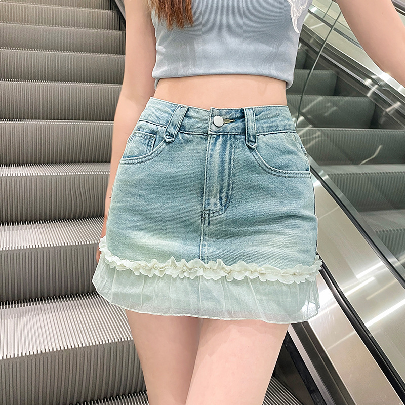 ミニスカート 裾シフォンフリル付きデニムミニスカート
