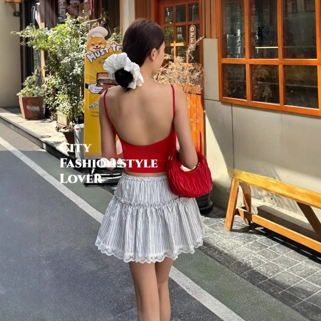 2025新作ストライプレース付きミニスカート2色展開