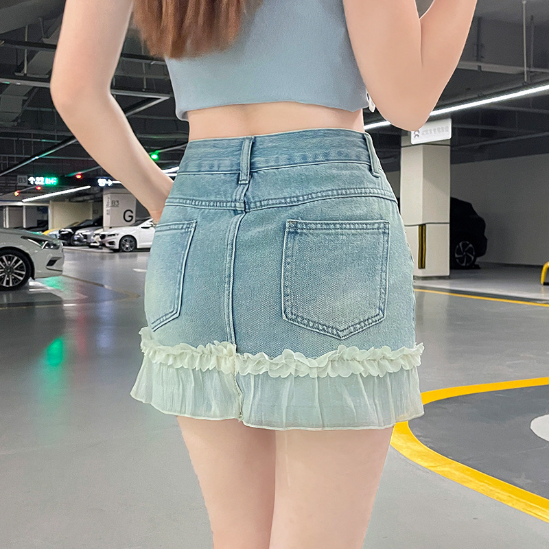 ミニスカート 裾シフォンフリル付きデニムミニスカート