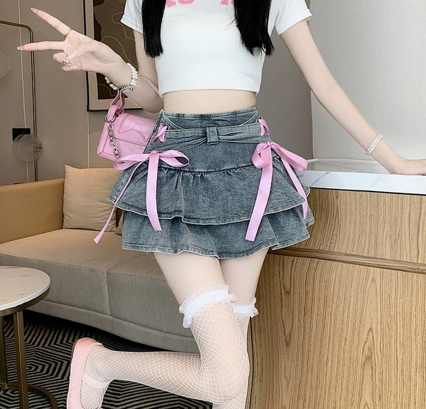 ハイウェスト デニム フリルミニスカート リボン付き