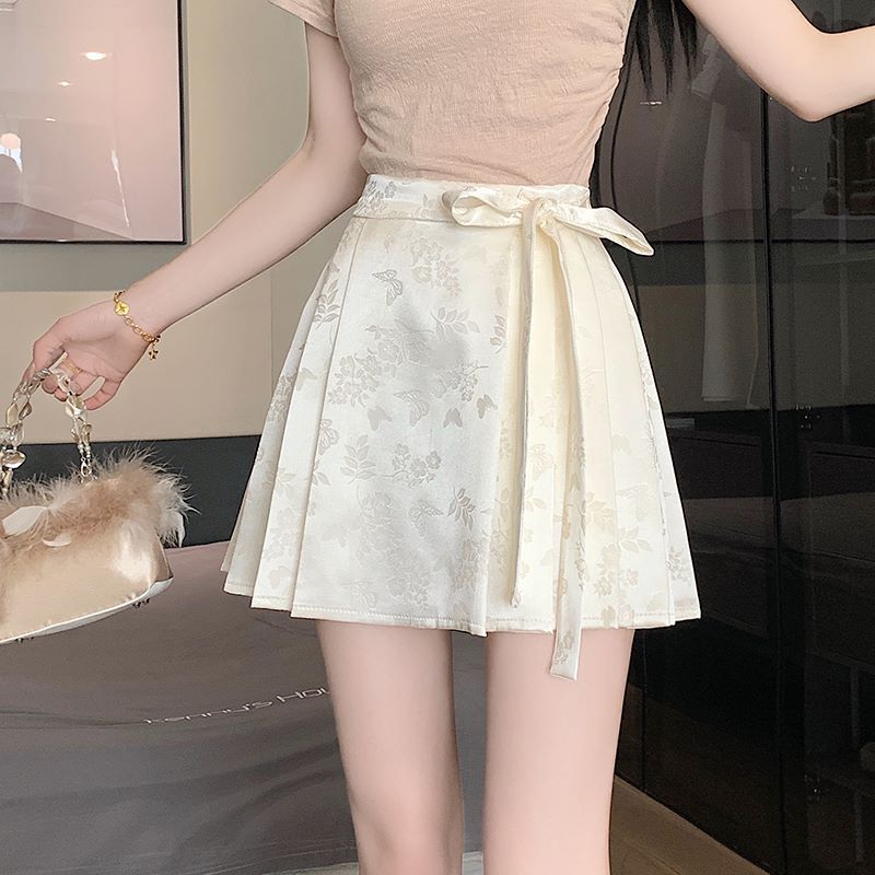 ミニスカート 花蝶舞うリボン付きプリーツミニスカート