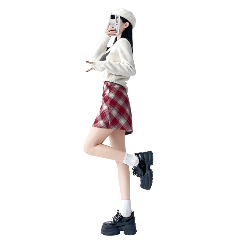 ミニスカート 温かみ格子柄ミニスカート